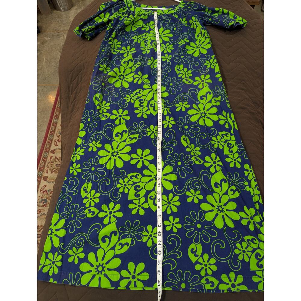 VINTAGE VIBRANT blue & green 1960s/70s handmade mumu house dress size approx L - Picture 6 of 7